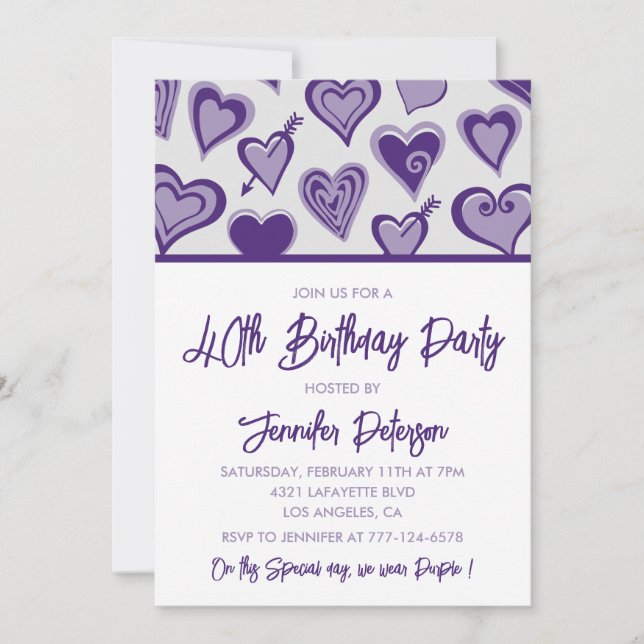 Cartes d'invitation pour 40 ans Anniversaire Cœurs (Devant)
