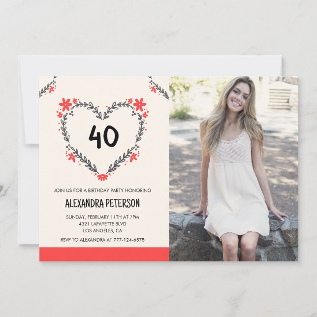 Cartes d'invitation pour 40 ans avec cœur floral (Devant)