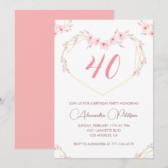 Cartes d'invitation pour 40 ans Boho Floral Élégan (Devant / Derrière)