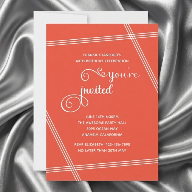 Cartes d'invitation pour 40e anniversaire Simple M (Orange 40th Birthday invite. Grey silk background.)