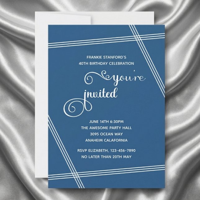 Cartes d'invitation pour 40e anniversaire simples  (40th birthday blue invite. Grey silk background.)