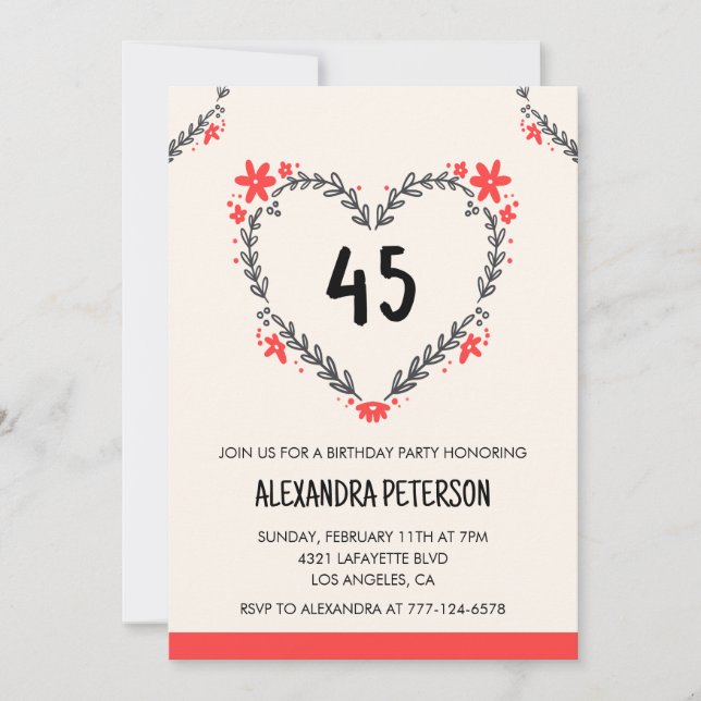Cartes d'invitation pour 45e anniversaire fleur cœ (Devant)