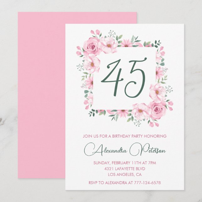 Cartes d'invitation pour 45e anniversaire Floral É (Devant / Derrière)