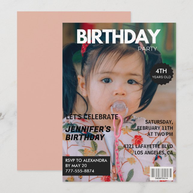 Cartes d'invitation pour 4ème anniversaire Fille C (Devant / Derrière)