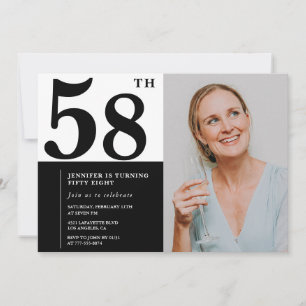 Cartes d'invitation pour 58 ans avec photo en noir