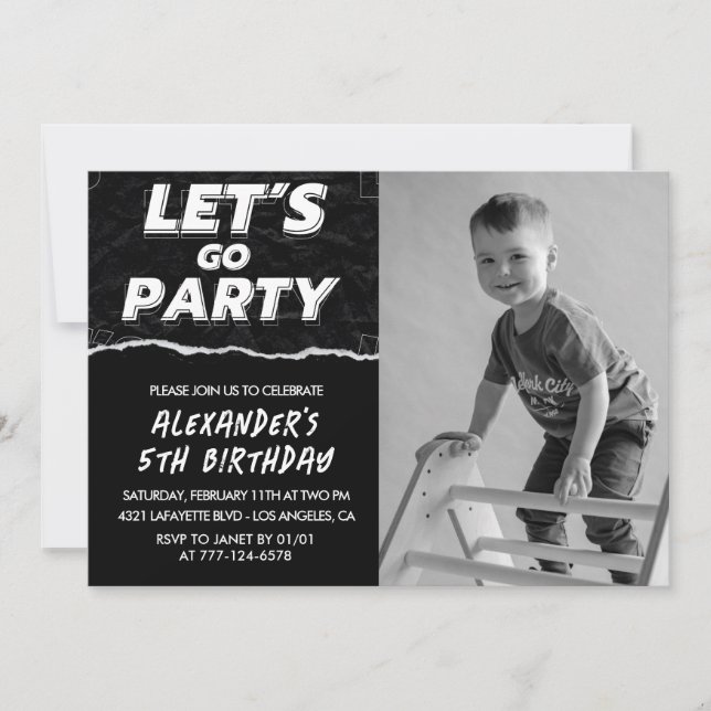 Cartes d'invitation pour 5 ans garçon photo noir  (Devant)