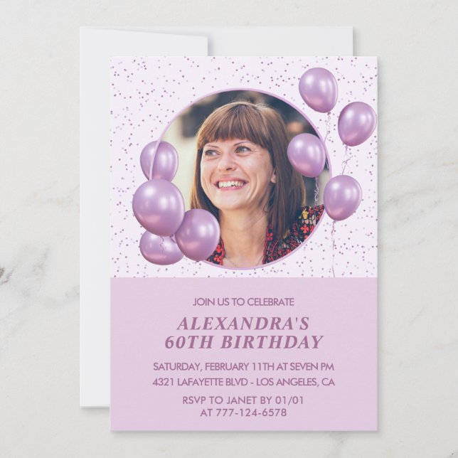 Cartes d'invitation pour 60 ans Ballons Photo Viol (Devant)
