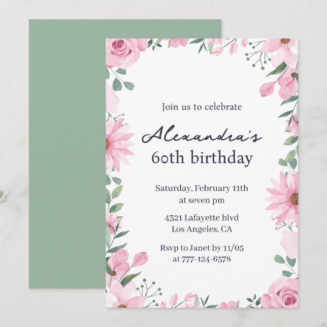 Cartes d'invitation pour 60 ans cadre floral rose  (Devant / Derrière)