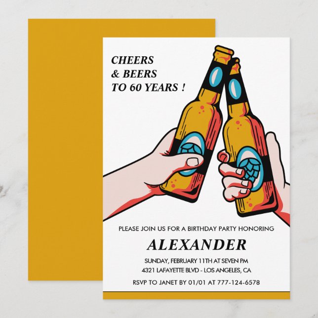 Cartes d'invitation pour 60 ans Cheers Beers Men V (Devant / Derrière)