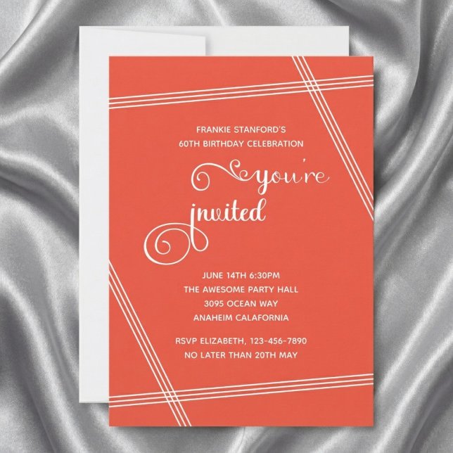 Cartes d'invitation pour 60e anniversaire Simple M (6Oth birthday. Orange invitation. Grey silk background.)