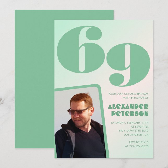 Cartes d'invitation pour 69e anniversaire avec un  (Devant / Derrière)
