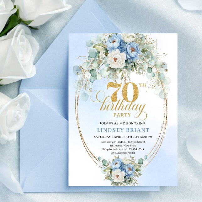 Cartes d'invitation pour 70 ans avec fleurs romant (Romantic Light Blue Flowers 70th Birthday Invitation Set

)