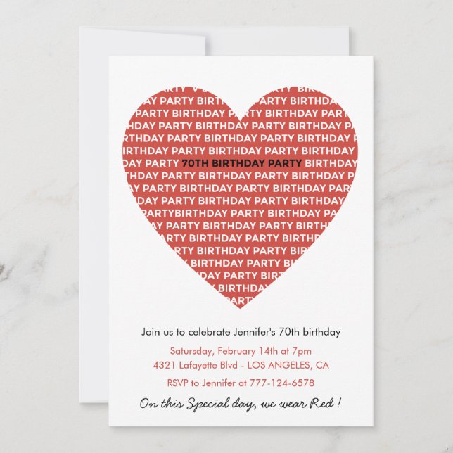 Cartes d'invitation pour 70 ans Typographie Rouge  (Devant)
