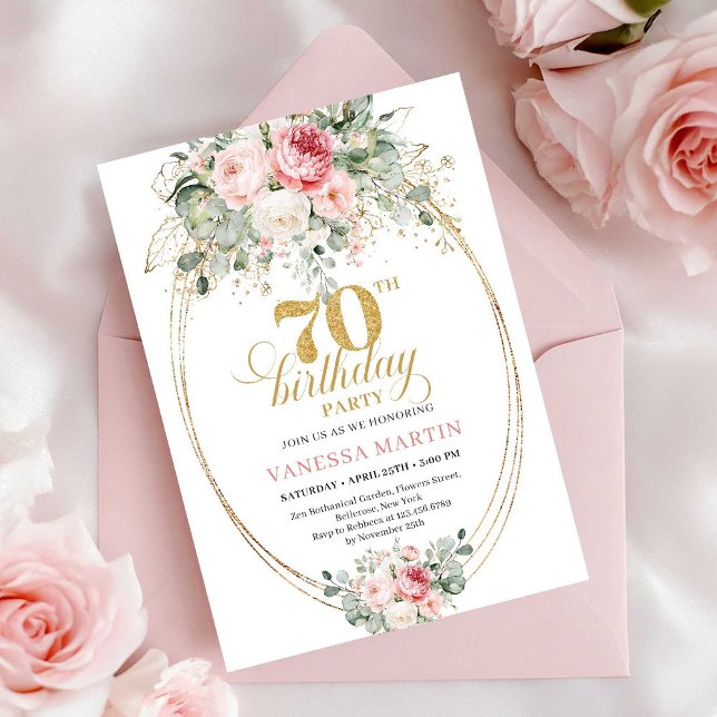 Cartes d'invitation pour 70e anniversaire Fleurs r (Romantic Dusty Pink Floral 70th Birthday Invitation)