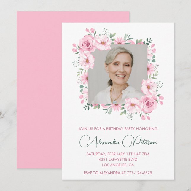 Cartes d'invitation pour 74 ans avec photo florale (Devant / Derrière)