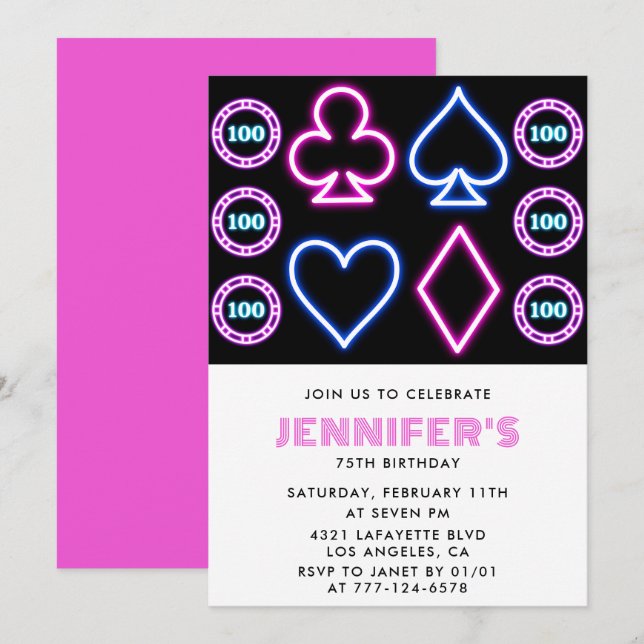 Cartes d'invitation pour 75 ans thème Casino Fille (Devant / Derrière)
