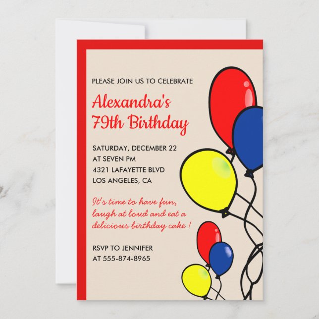 Cartes d'invitation pour 79 ans avec des ballons r (Devant)
