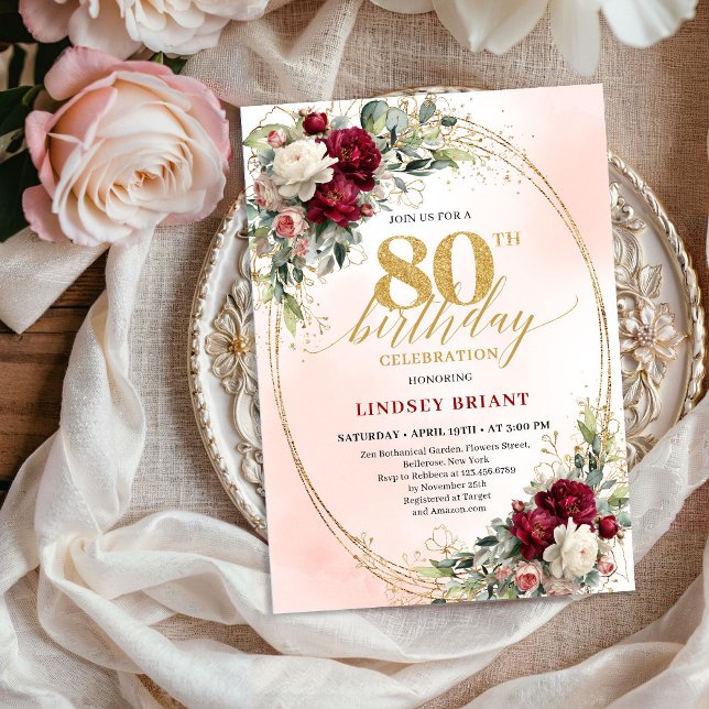 Cartes d'invitation pour 80 ans avec Fleurs Bohème (Rustic Burgundy Boho Flowers 80th Birthday Invitation)