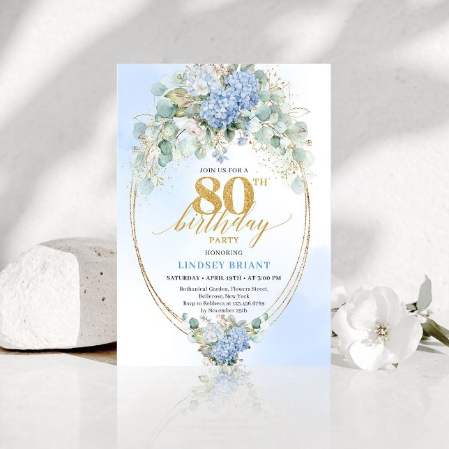 Cartes d'invitation pour 80e anniversaire avec Hyd (Garden Blue Hydrangea Gold 80th Birthday Invitation)