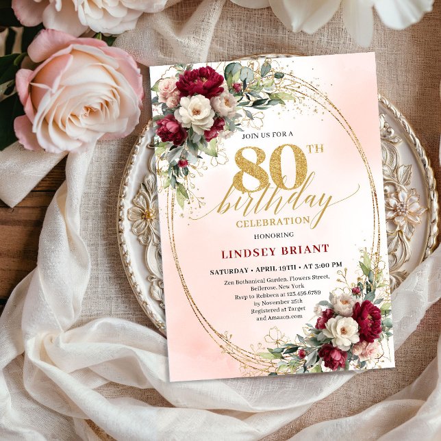 Cartes d'invitation pour 80e anniversaire Burgundy (Burgundy Blush Boho Garden 80th Birthday Invitation)