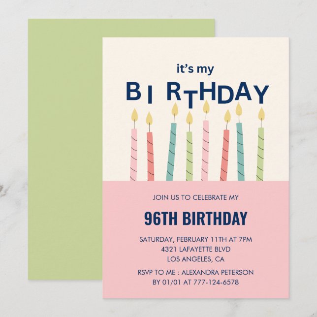 Cartes d'invitation pour 96e anniversaire Bougie d (Devant / Derrière)