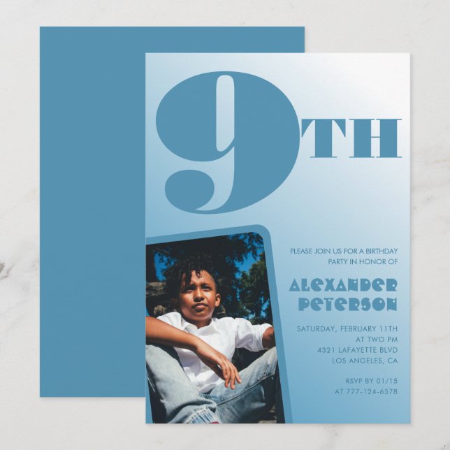 Cartes d'invitation pour 9 ans avec dégradé bleu P (Devant / Derrière)