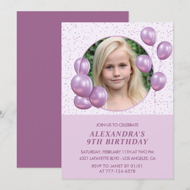 Cartes d'invitation pour 9ème anniversaire Ballons (Devant / Derrière)