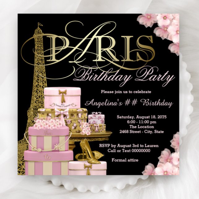 Cartes d'invitation pour anniversaire à Paris rose (Beautiful Paris any number birthday party and event invitations. Simply add your event details.)