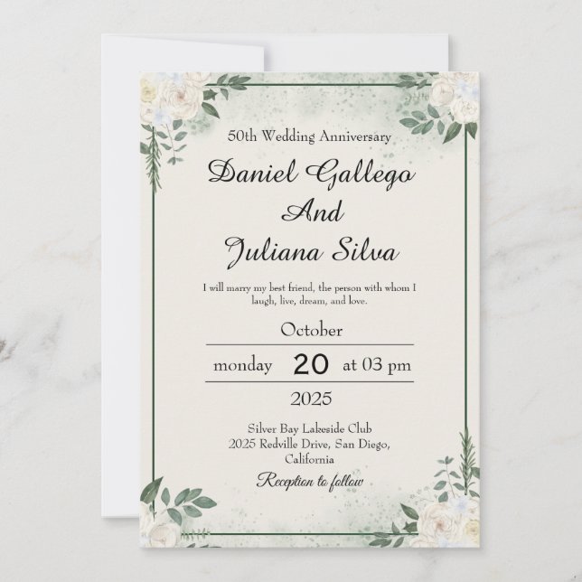Cartes d'invitation pour anniversaire de mariage à (Devant)