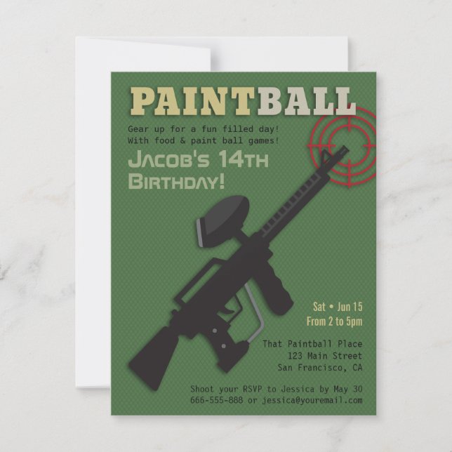 Cartes d'invitation pour anniversaire paintball Ta (Devant)