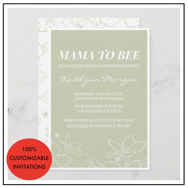 Cartes d'invitation pour baby shower abeille Flora (Bee baby shower invitations Modern Floral green)