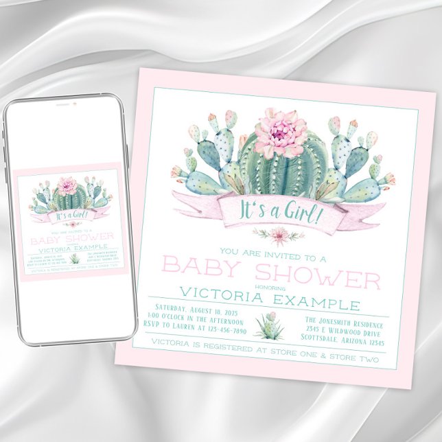 Cartes d'invitation pour Baby Shower au thème de c (Girl cactus baby shower invitation. Instant download and printed invitations available.)