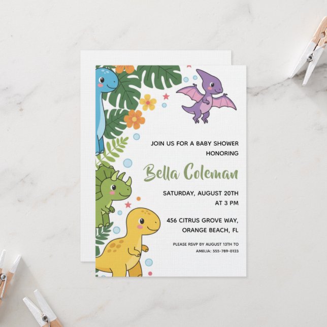 Cartes d'invitation pour baby shower avec bébé din (Devant/Arrière en situation)