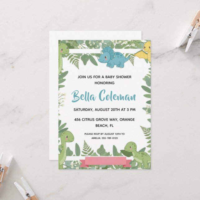 Cartes d'invitation pour baby shower avec bébé din (Devant/Arrière en situation)