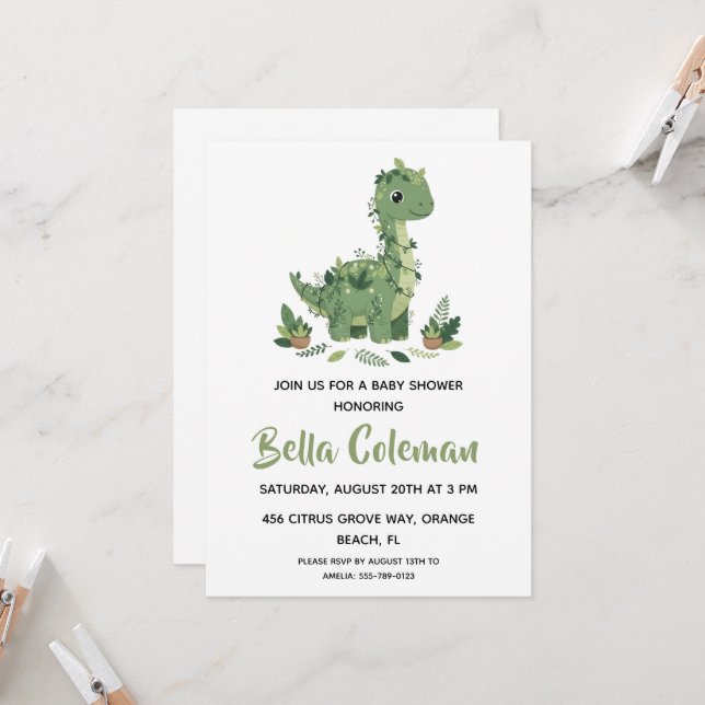 Cartes d'invitation pour baby shower avec dinosaur (Devant/Arrière en situation)