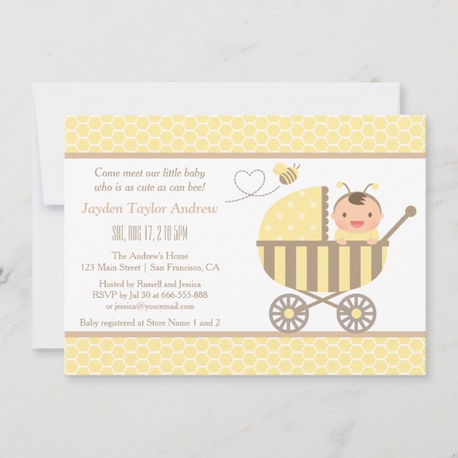 Cartes d'invitation pour Baby Shower avec poussett (Devant)