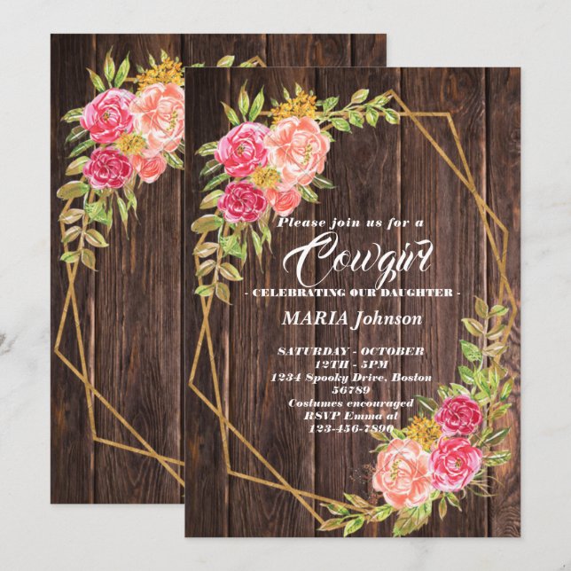 Cartes d'invitation pour Baby Shower Cowgirl (Devant / Derrière)