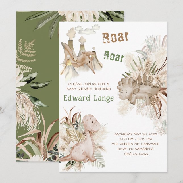 Cartes d'invitation pour Baby Shower Dinosaure Gar (Devant / Derrière)