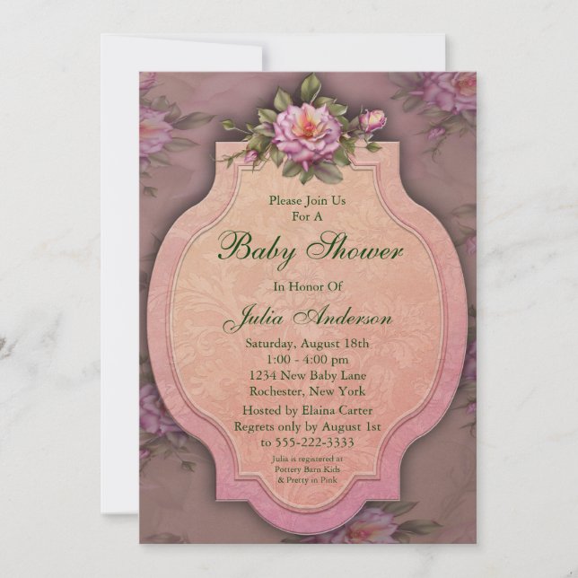 Cartes d'invitation pour Baby Shower Fille aux Ros (Devant)