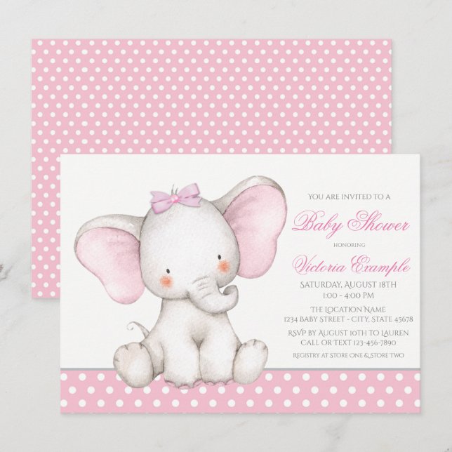 Cartes d'invitation pour Baby Shower Fille Éléphan (Devant / Derrière)