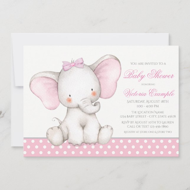 Cartes d'invitation pour Baby Shower Fille Éléphan (Devant)