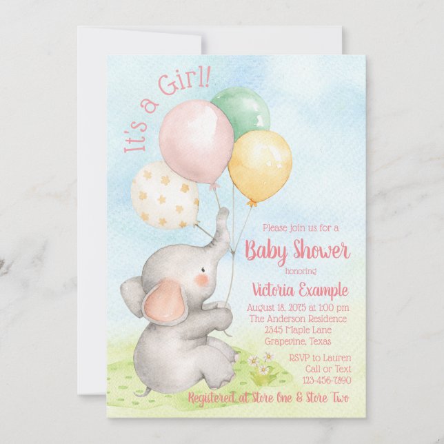Cartes d'invitation pour Baby Shower Fille Éléphan (Devant)