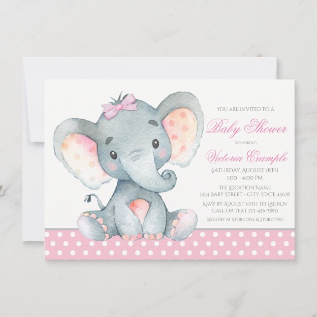 Cartes d'invitation pour Baby Shower Fille Éléphan (Devant)