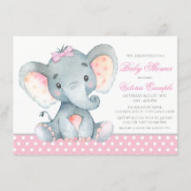 Cartes d'invitation pour Baby Shower Fille Éléphan
