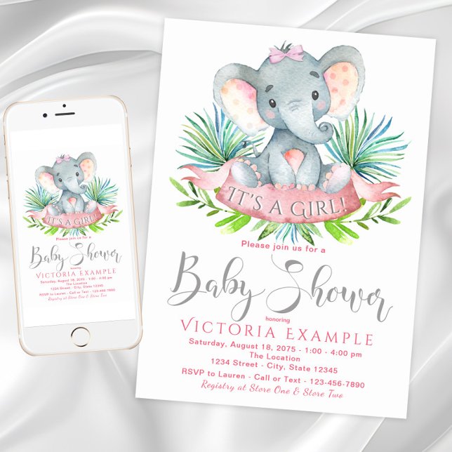 Cartes d'invitation pour Baby Shower Fille Éléphan (Girl elephant baby shower invitation with adorable baby elephant with bow. Digital and printed.)