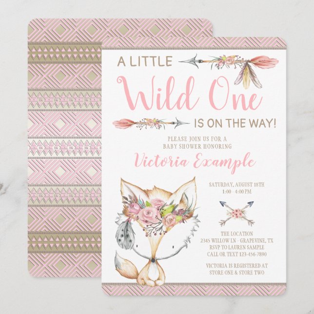 Cartes d'invitation pour Baby Shower Fille Renard  (Devant / Derrière)
