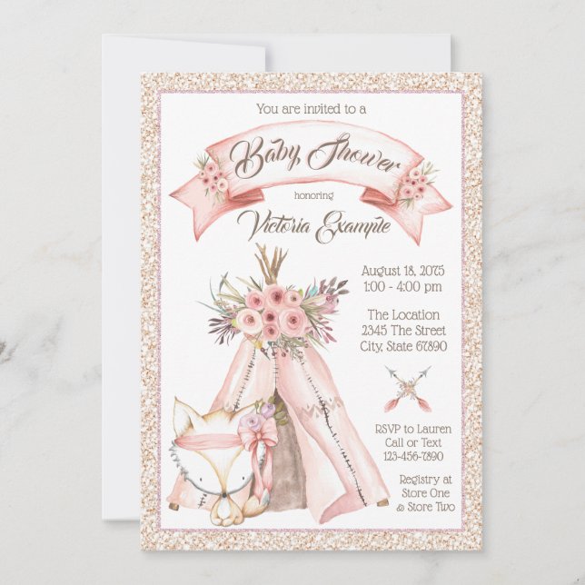 Cartes d'invitation pour Baby Shower Fille TeePee  (Devant)