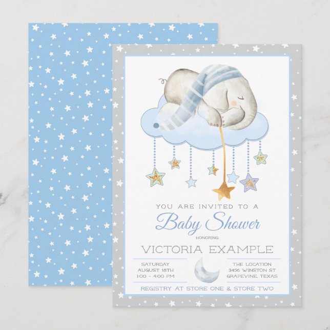 Cartes d'invitation pour Baby Shower Garçon Élépha (Devant / Derrière)