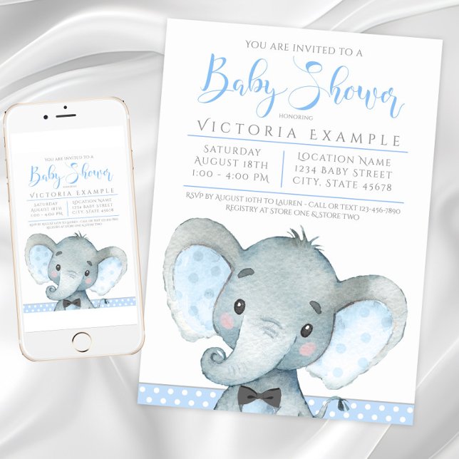 Cartes d'invitation pour Baby Shower Garçon Élépha (Cute boy elephant baby shower invitation. Instant download and printed invitations available.)