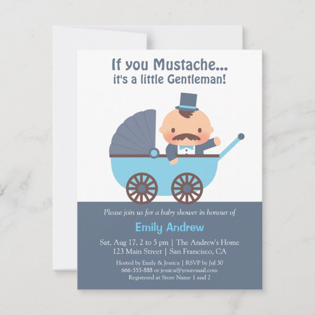 Cartes d'invitation pour Baby Shower Garçon Mustac (Devant)